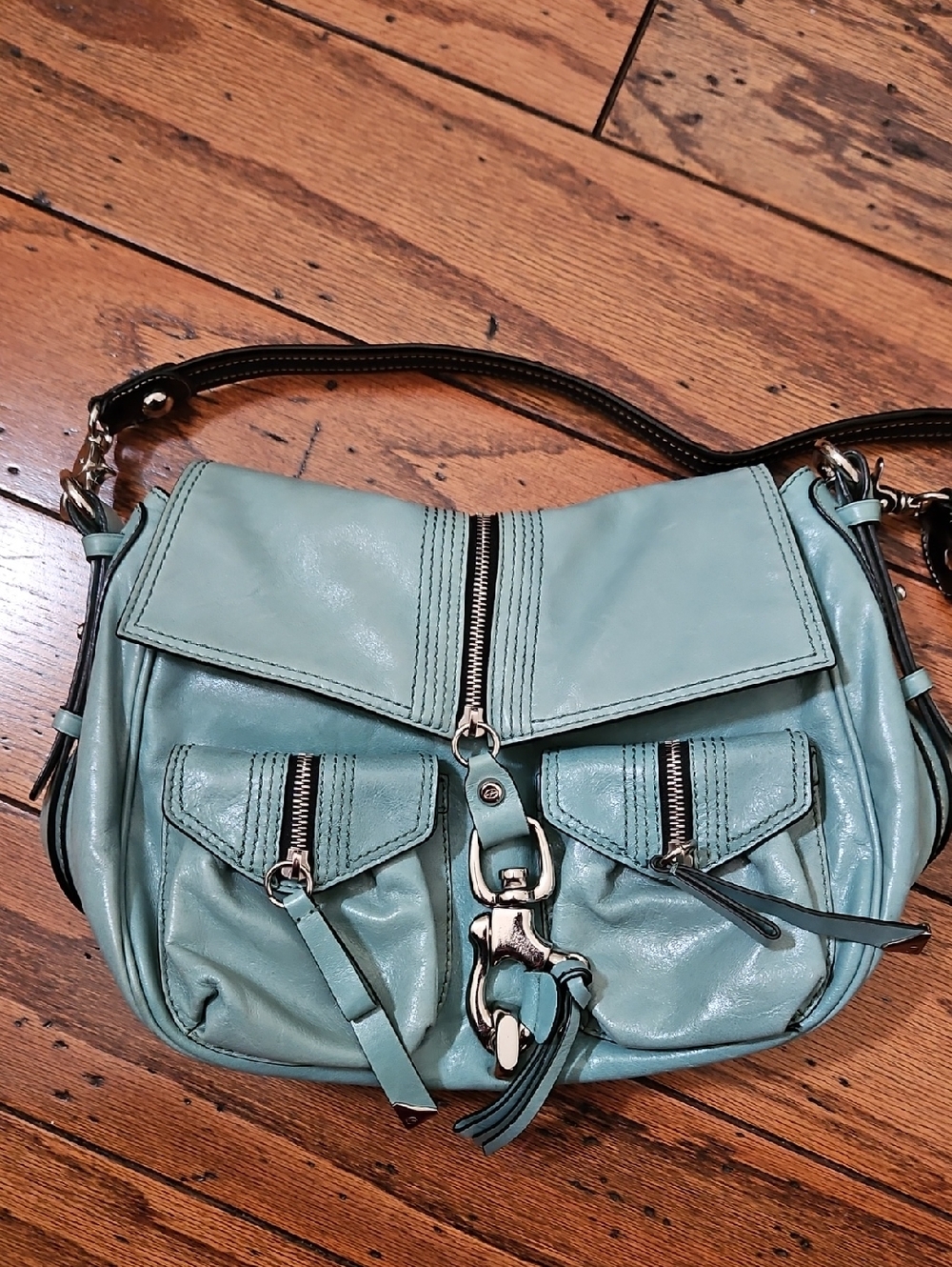 Fancesco Biasia Teal Blue Leather Hobo Crossbody Bag Silver Hardware